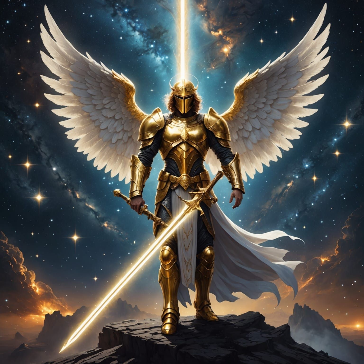 Celestial Angel with Golden Sword in Galaxy