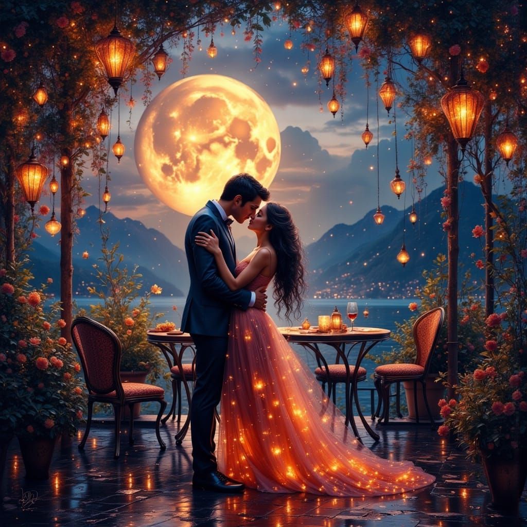 Romantic Moonlit Terrace Restaurant Scene