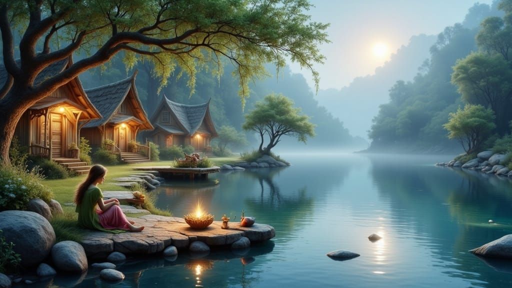 Serene Elven Village by Crystal Lake, Impressionistic Waterc...