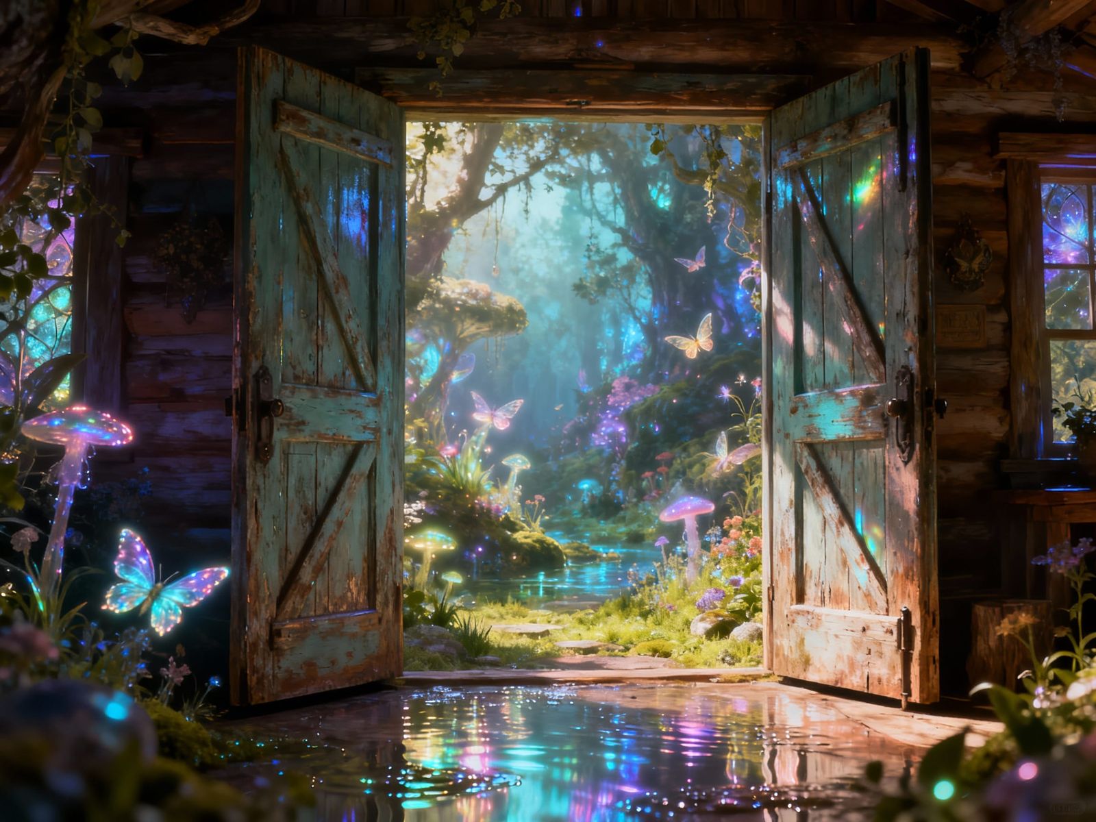Rustic Doors Open to Magical Fairy Landscape