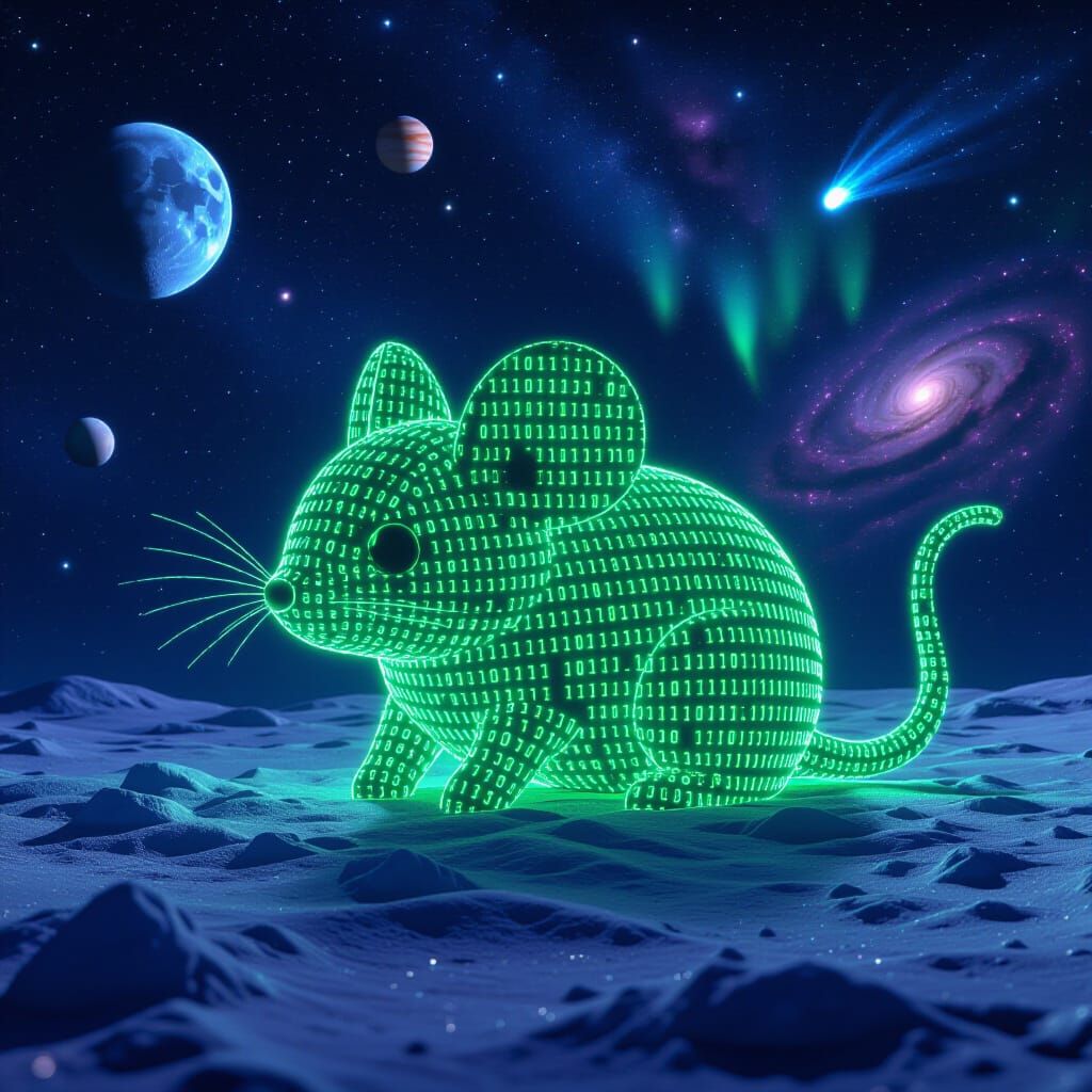 Holographic Chibi Mouse Made of Neon Binary Code on Moon