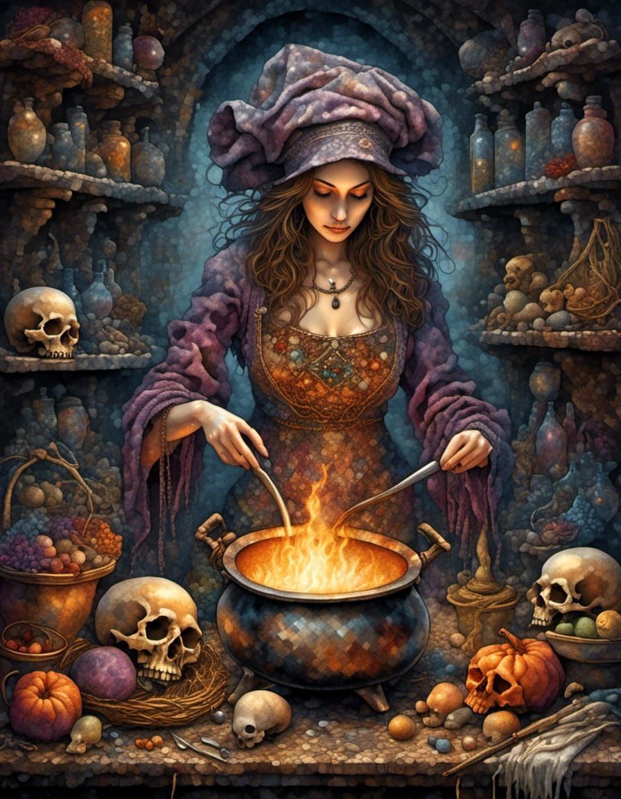 Macabre Medieval Scene: Woman Cooking Human Remains
