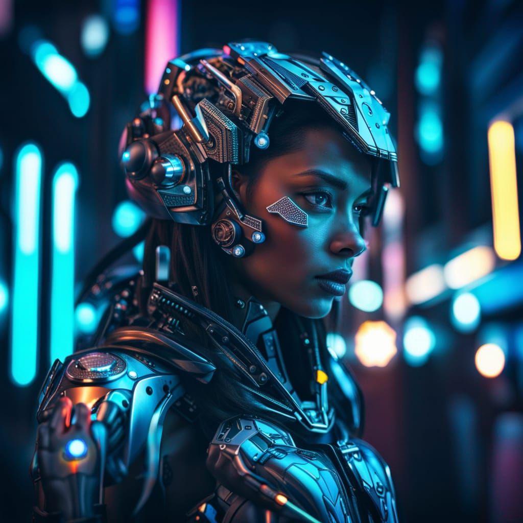 Cyborg Girl Portrait in Neon Cityscape