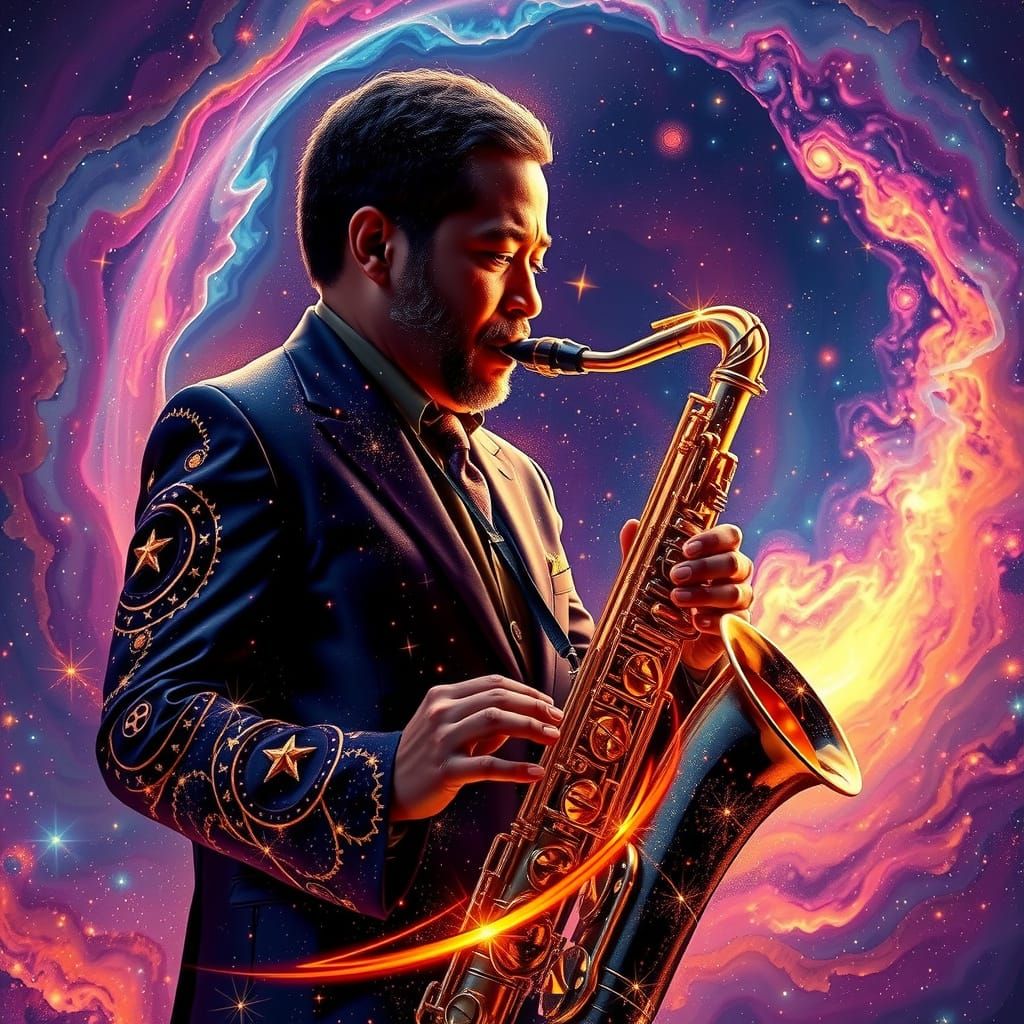 A cosmic jazz musician with a saxophone made of stardust, improvising a solo in a swirling nebula, his music visualized ...