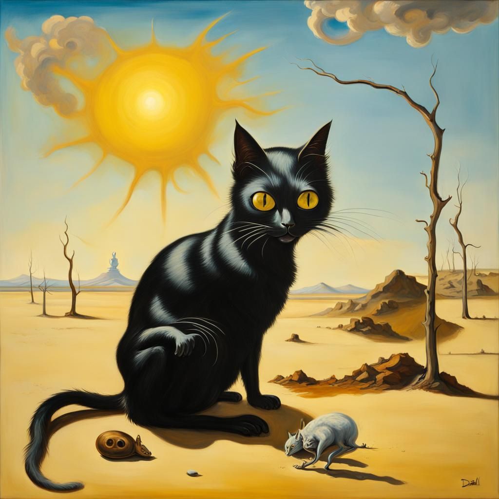 Black Cat Hunting Gopher: Surreal Oil Painting
