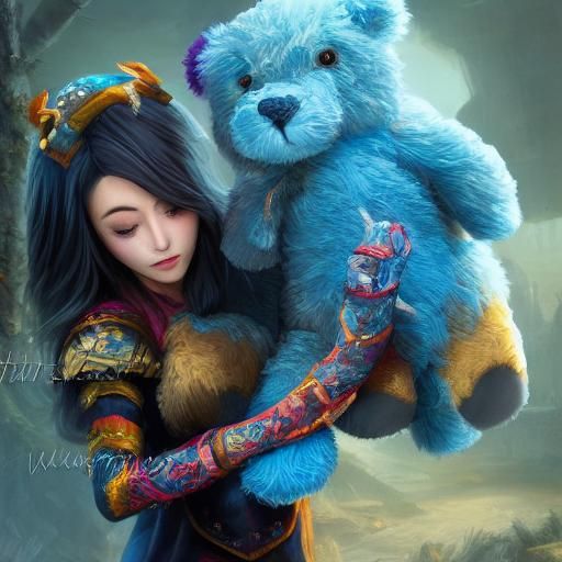 Girl with Teddy Bear: Vibrant Fantasy Art