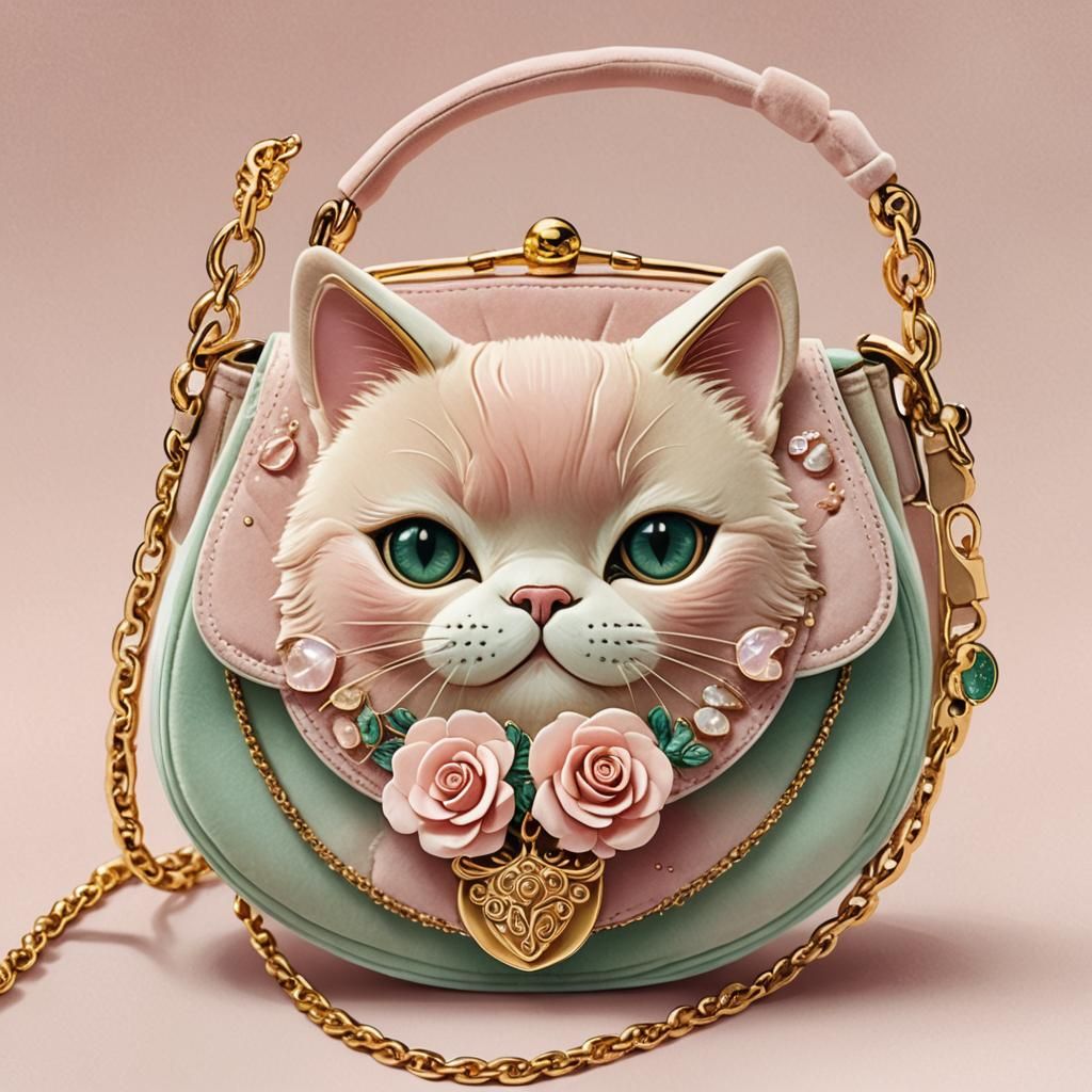 Beige Velvet Cat Handbag with Rose Quartz Chain