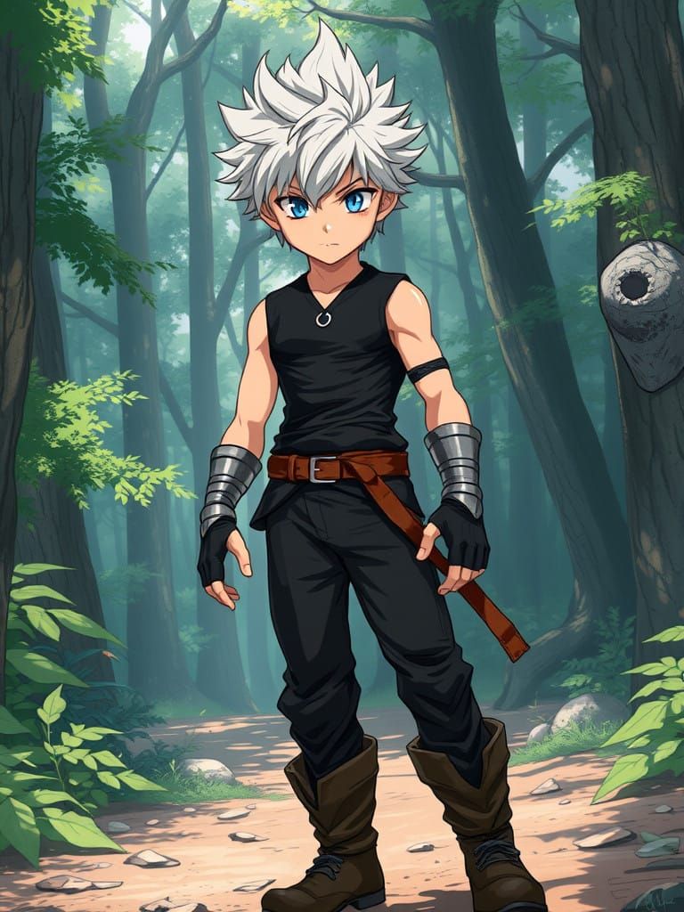 Anime-Inspired Boy Stands Ready in the Enchanted Forest