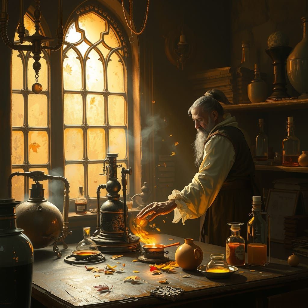 Alchemist Transmuting Autumn Leaves to Gold