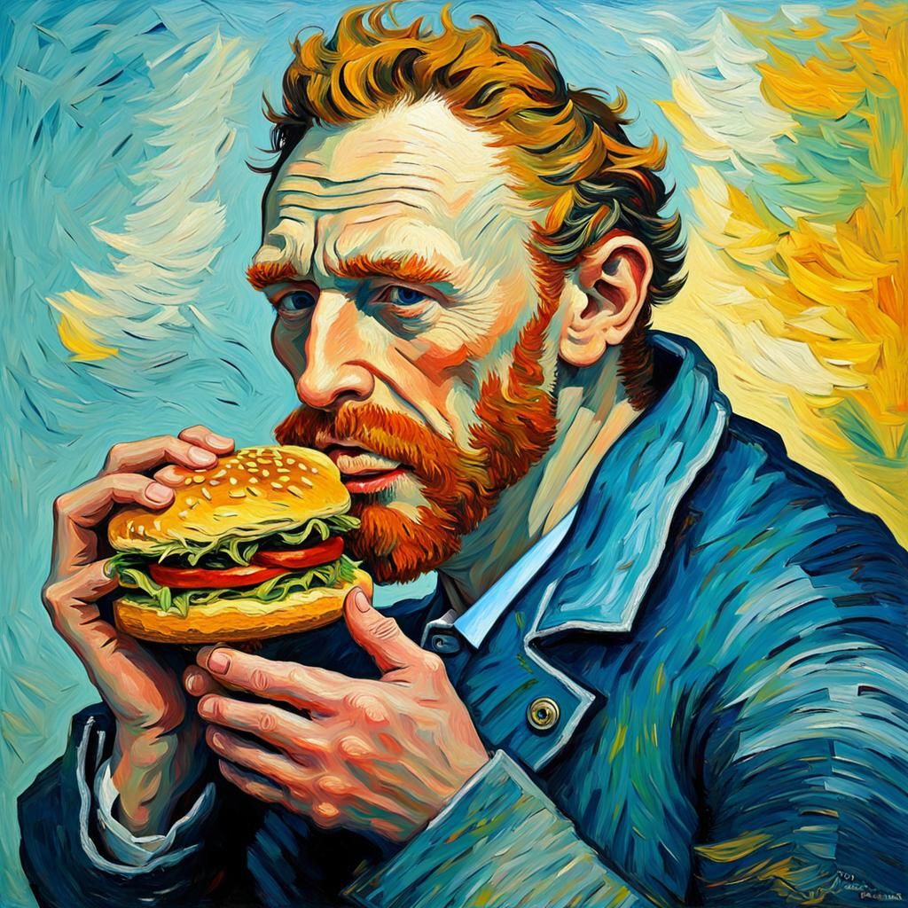 Van Gogh Eats Hamburger in Neo-Impressionist Style