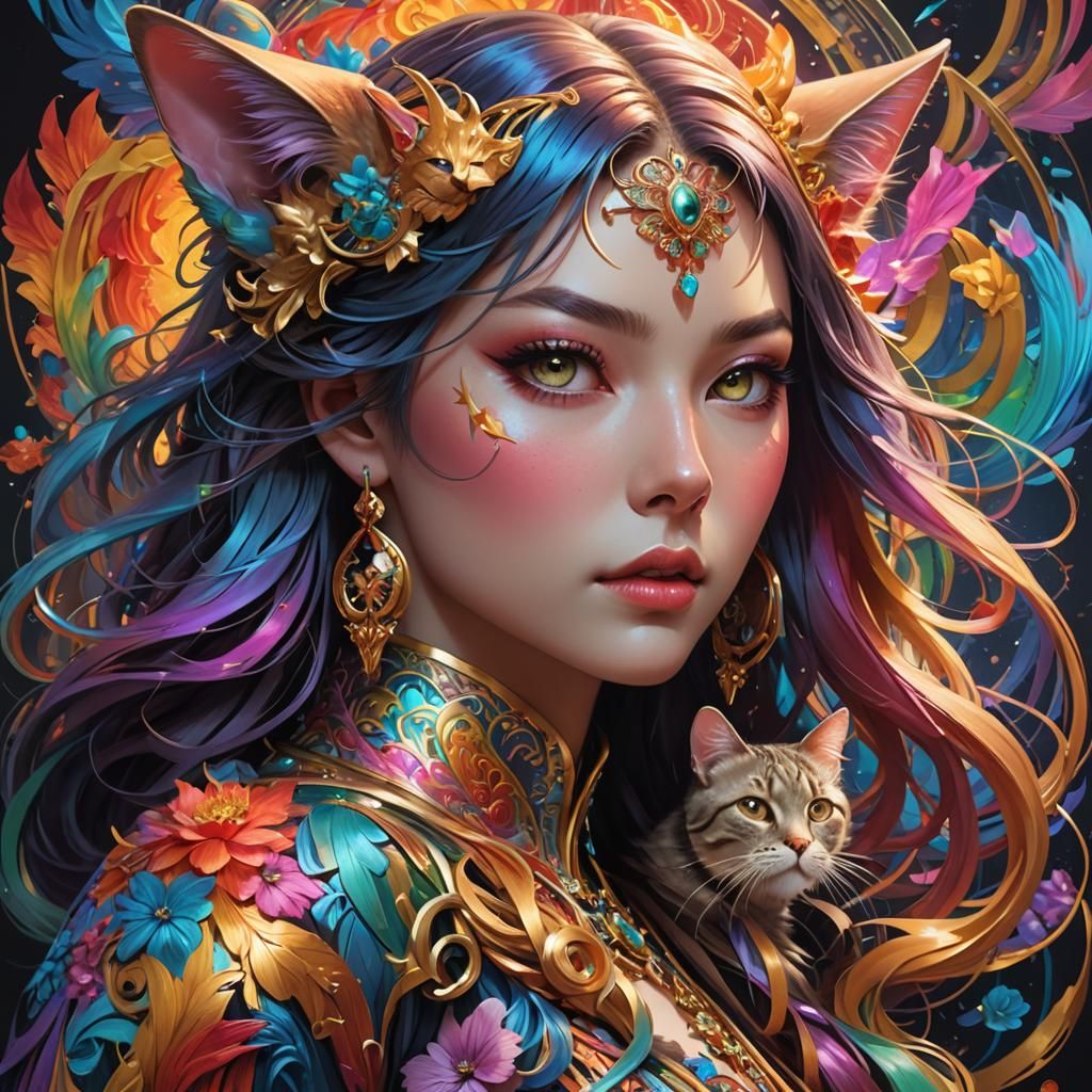 Rainbow Woman-Cat Portrait in Ghibli Style