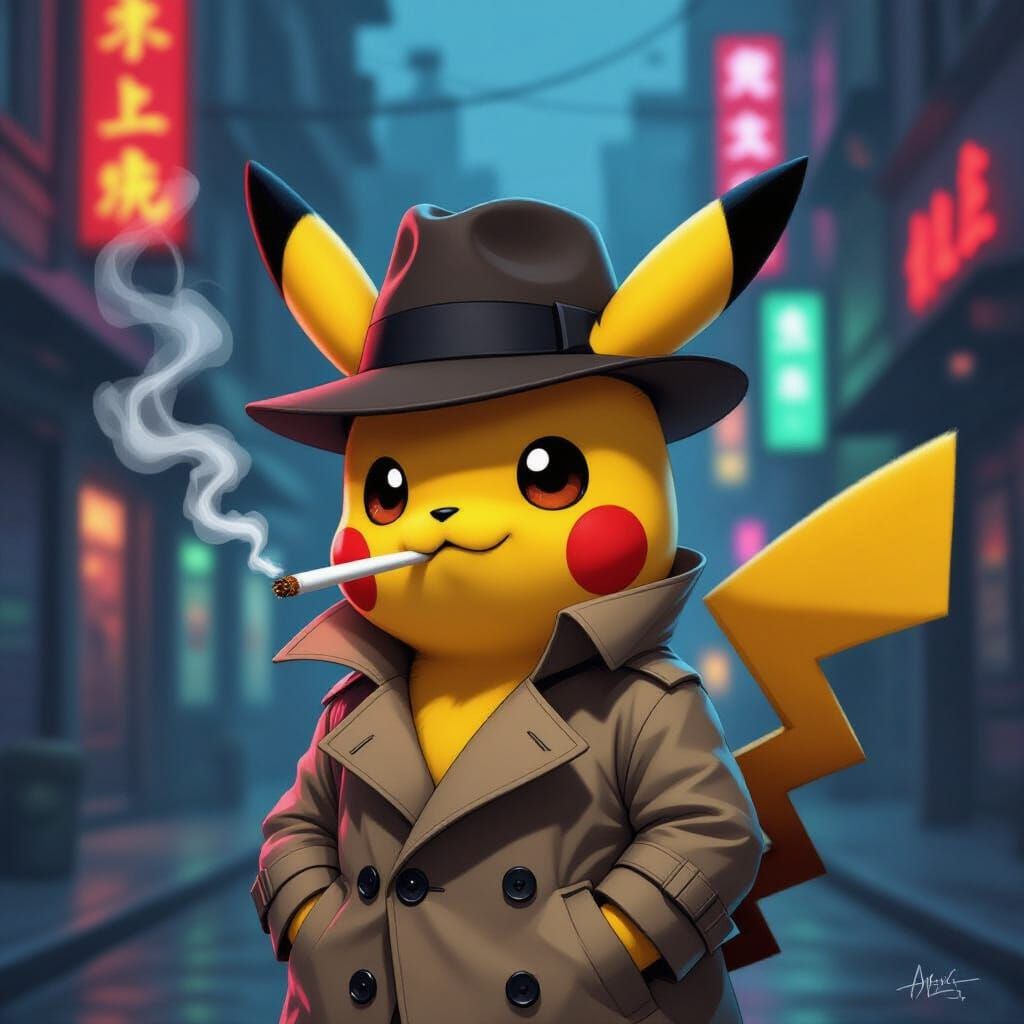 Detective Pikachu in Trench Coat Smoking with Noir Lighting