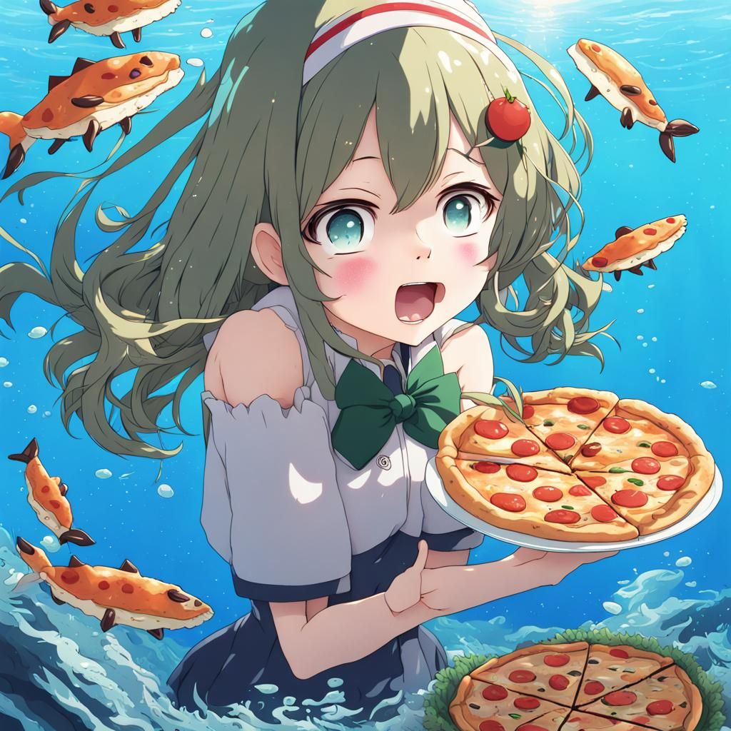 Anime Girl Eats Pizza Underwater in Manga Style