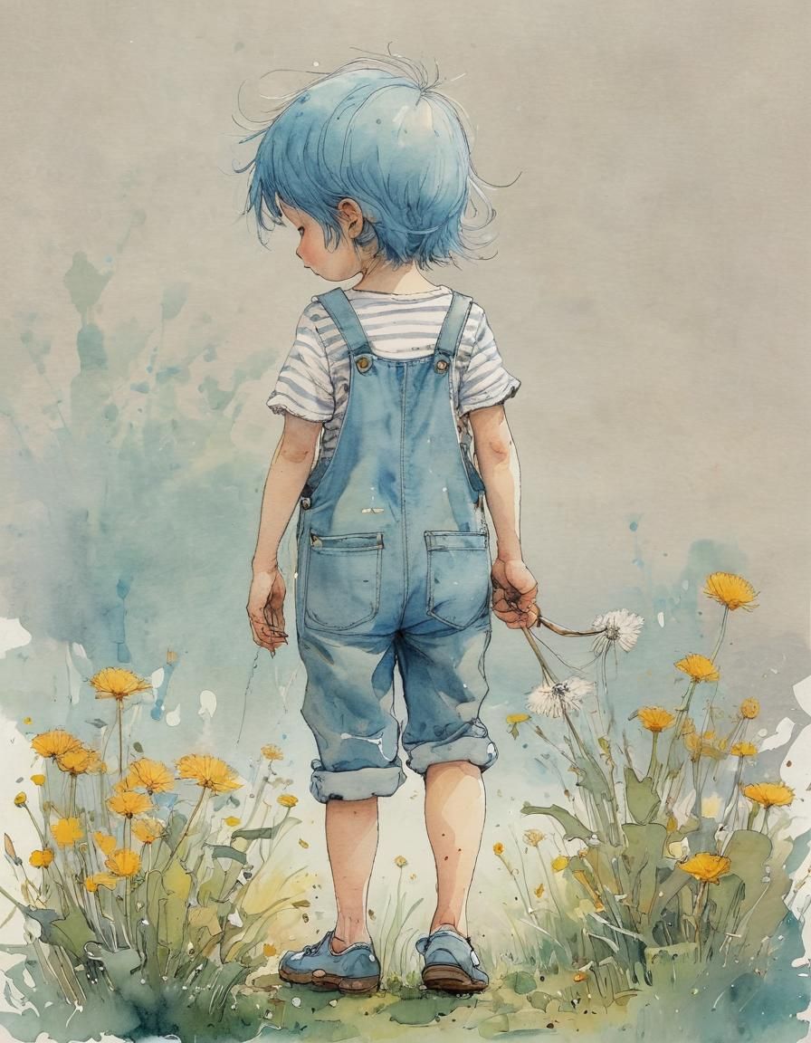Little Girl Picking Dandelions in Whimsical Style