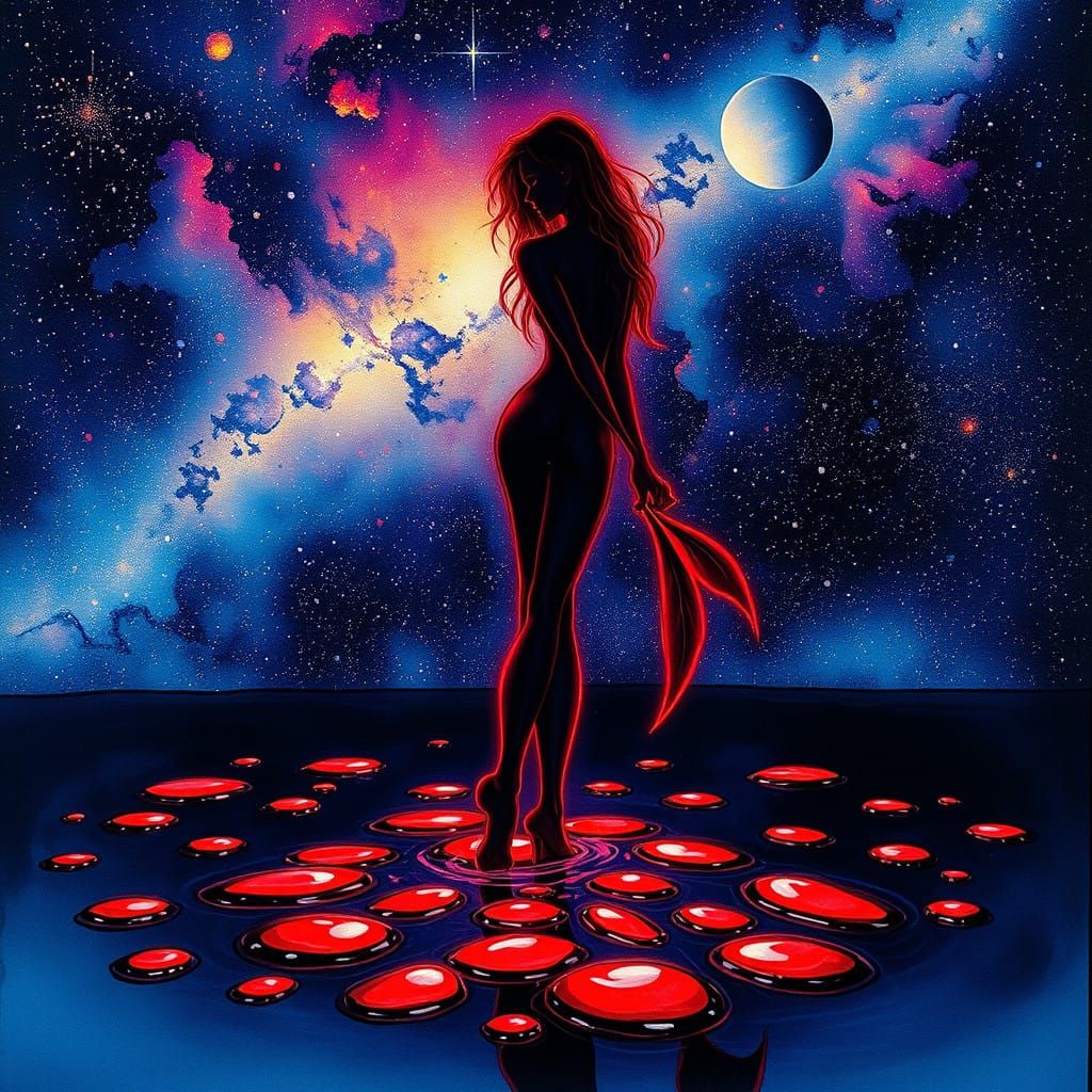 Ethereal Nymph in Starry Night Sky, Hyperrealistic Line Art