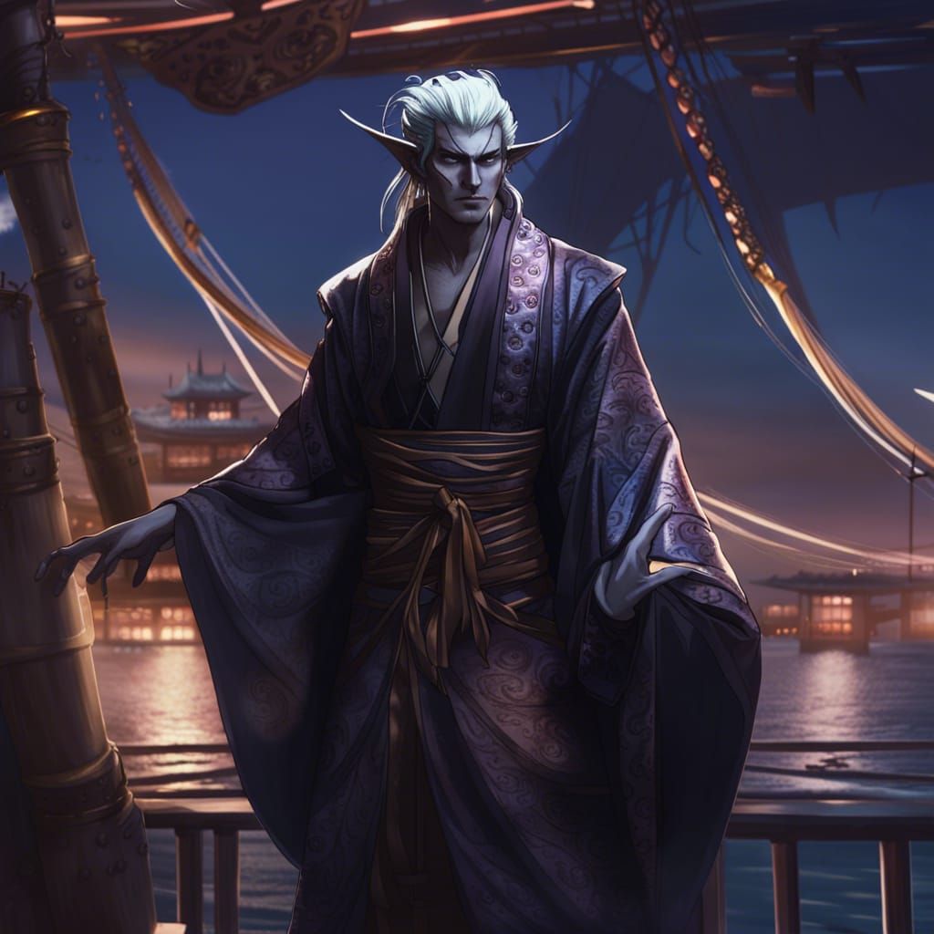 Dark Elf Samurai Arriving at Fantasy City