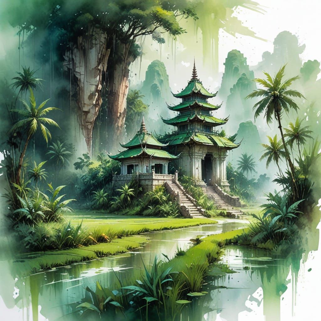 Monsoon Temple Landscape in Expressive Watercolour Style