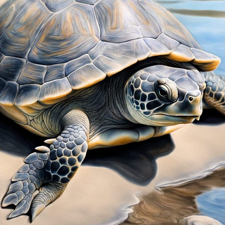 A Charcoal Portrait of a Blue-Tinged Mary River Turtle