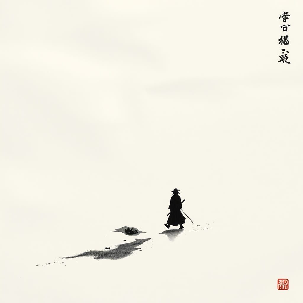 Samurai in Golden Ink Painting: Ethereal Mixed Media