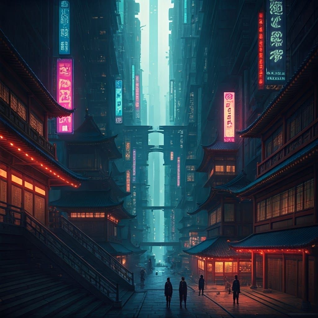 Cyberpunk Ecumenopolis in Traditional Japanese Style