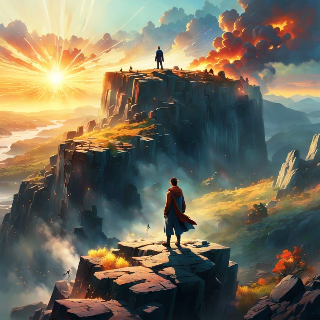 Cinematic Oil Painting of Figure on Cliff at Golden Hour