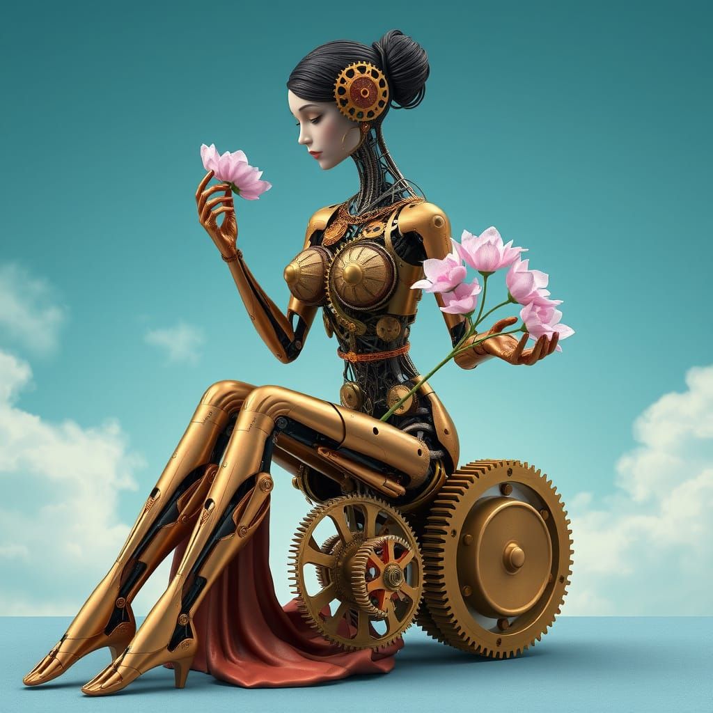 Futuristic Mechanical Goddess with Gears and Flowers