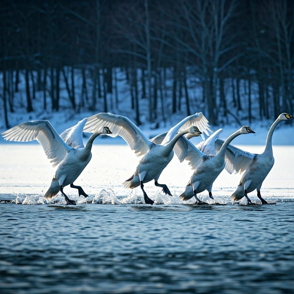 Seven Swans Dive in Unison from Winter Lake's Edge, Icy-Blue...