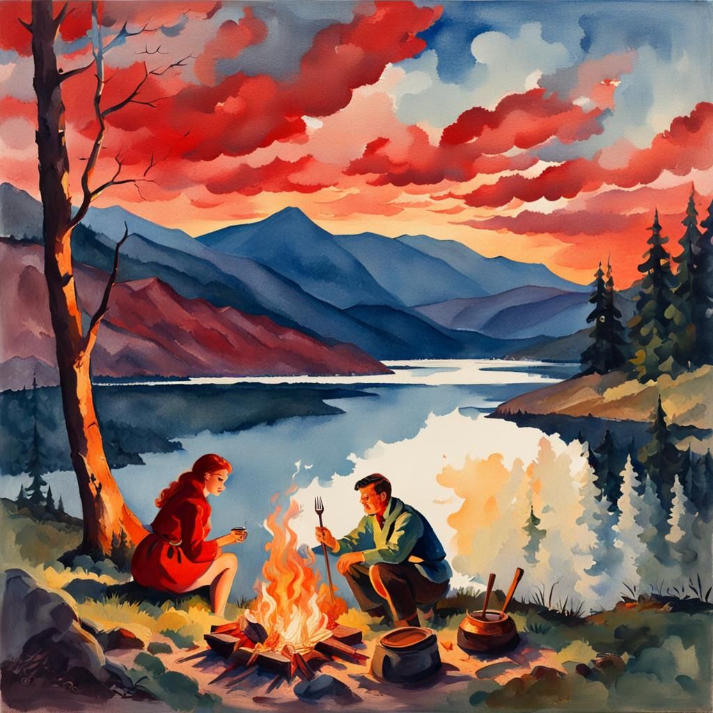 Lakeside Breakfast Scene in Gouache Style
