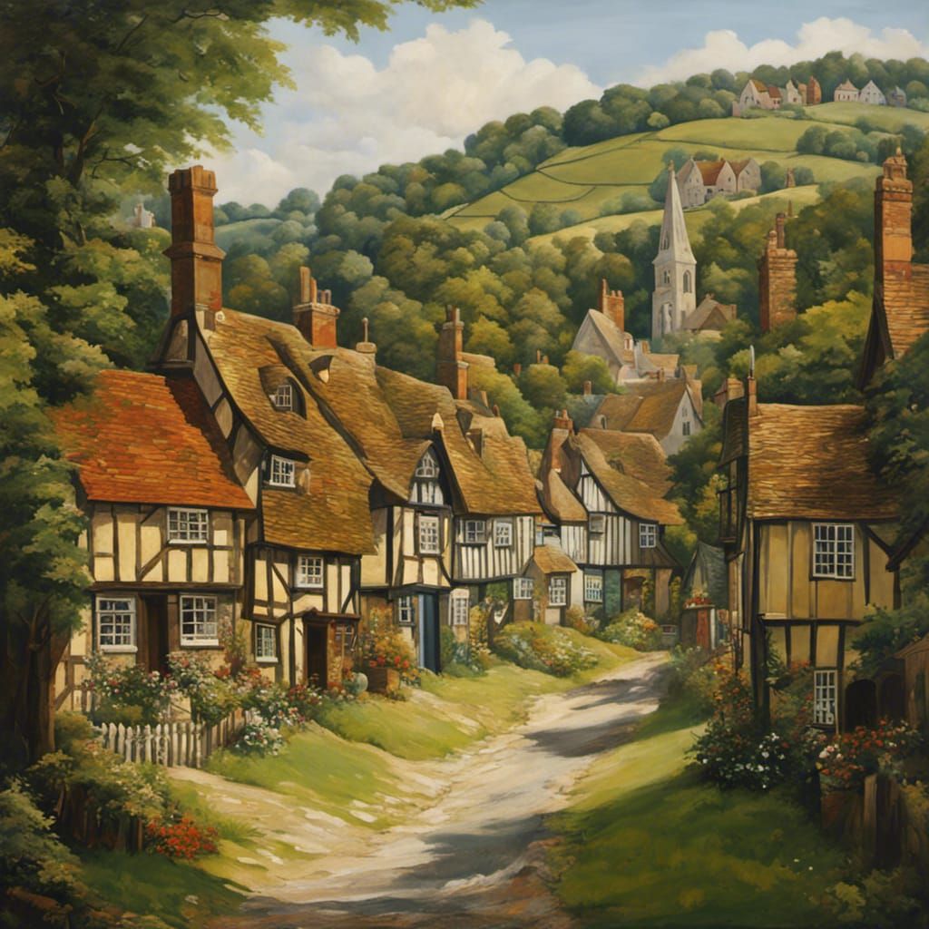 English Village Painting in Style of Richard Dadd