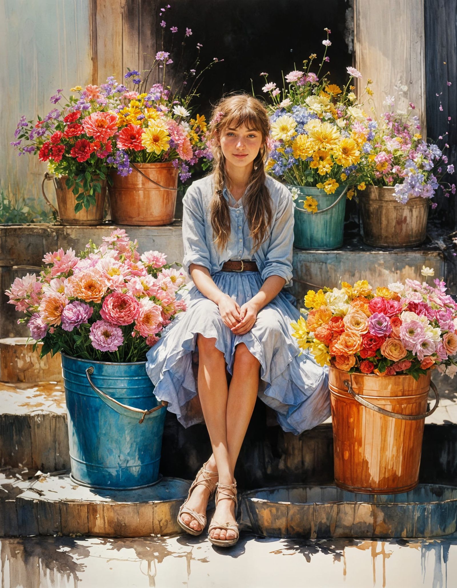 Smiling Farm Girl Selling Valentine's Day Flowers