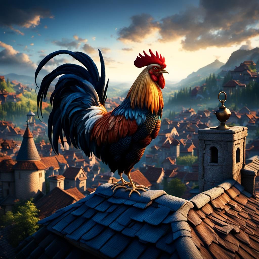 Majestic Rooster Sunrise Over Medieval Village