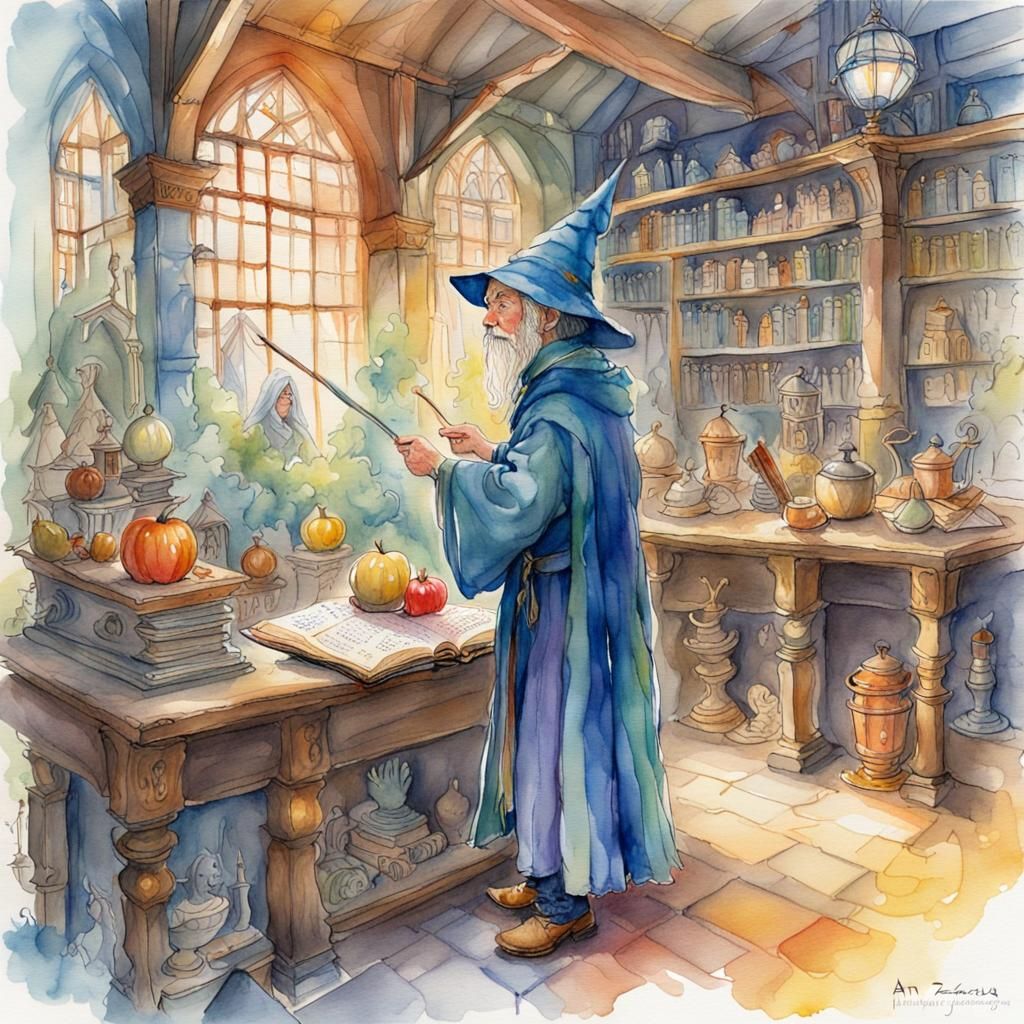 Little Wizard Attends Wizard School in Watercolour Style