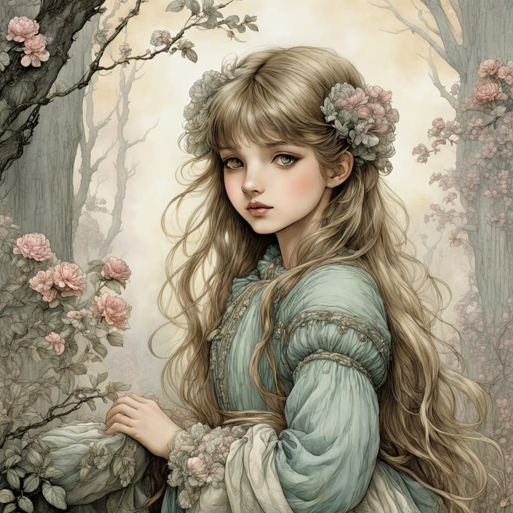 Shy Girl in Misty Woods, Rackham Style