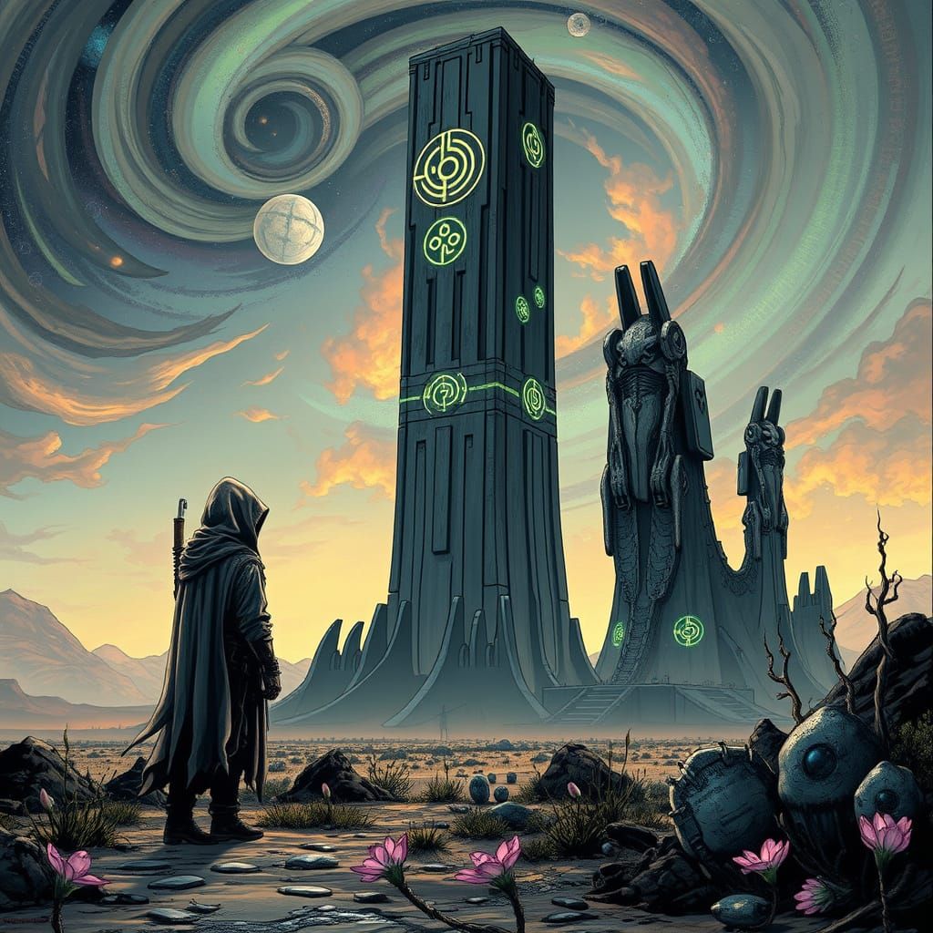 Wanderer and Biomechanical Menhir in Surreal Alien Landscape