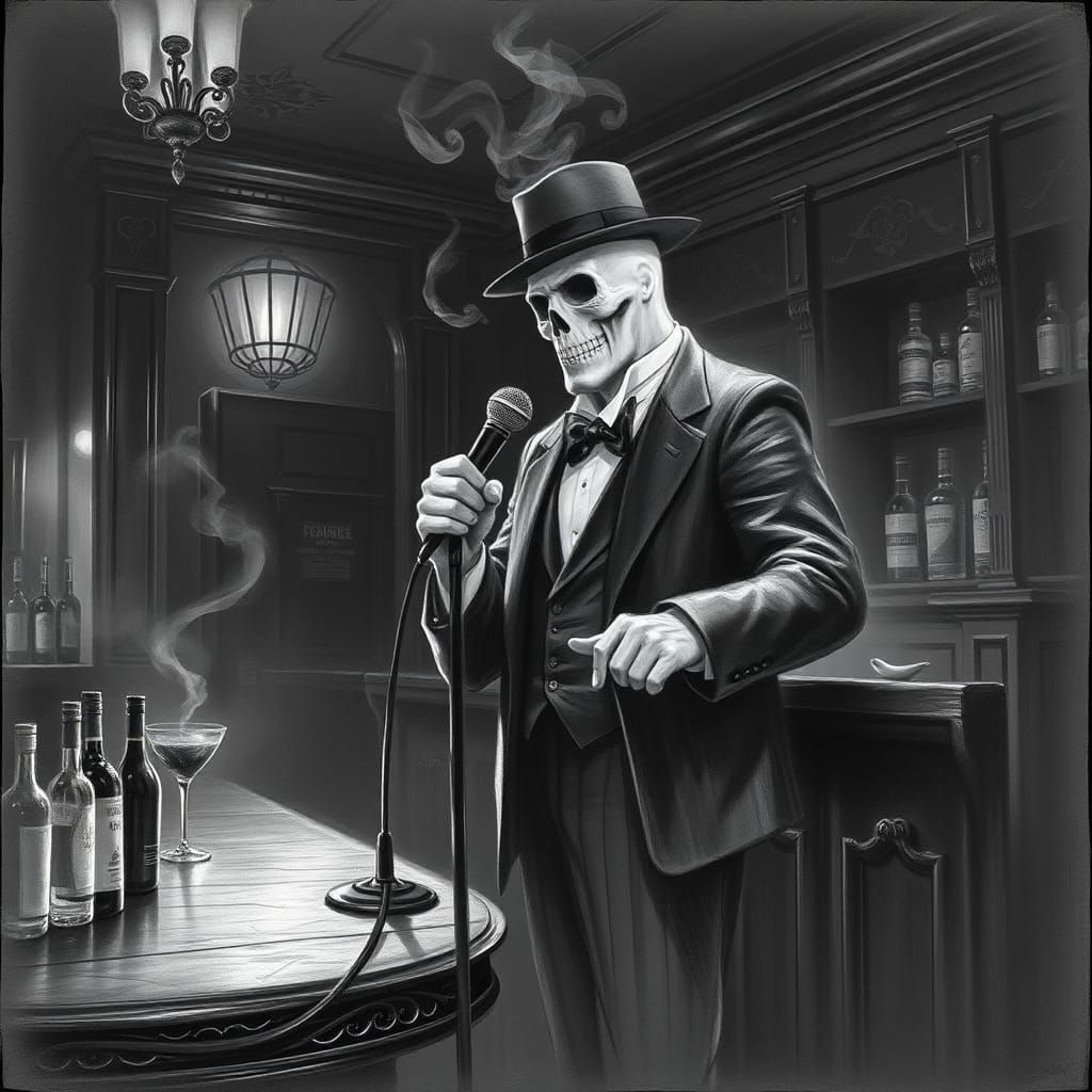 Ghost Crooner in Dimly Lit Bar, Charcoal Drawing