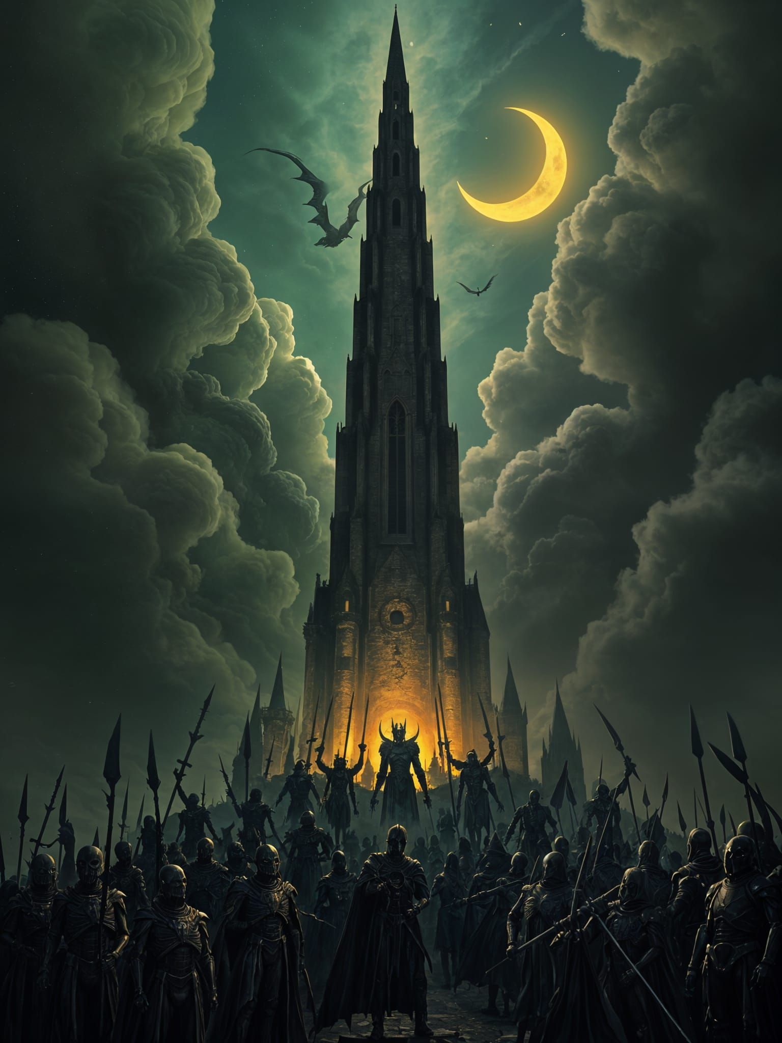 Necromantic Tower with Skeletal Horde Under Crescent Moon