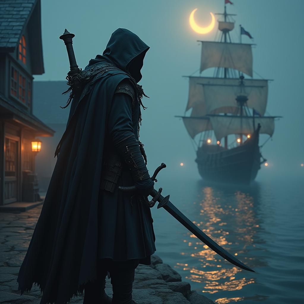 Cunning Rogue on Dock in Dark Fantasy Style
