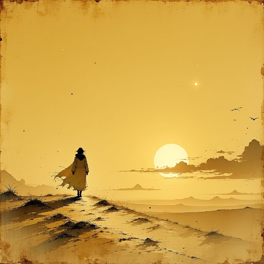Sepia Desert Dawn Sketch with Explorer