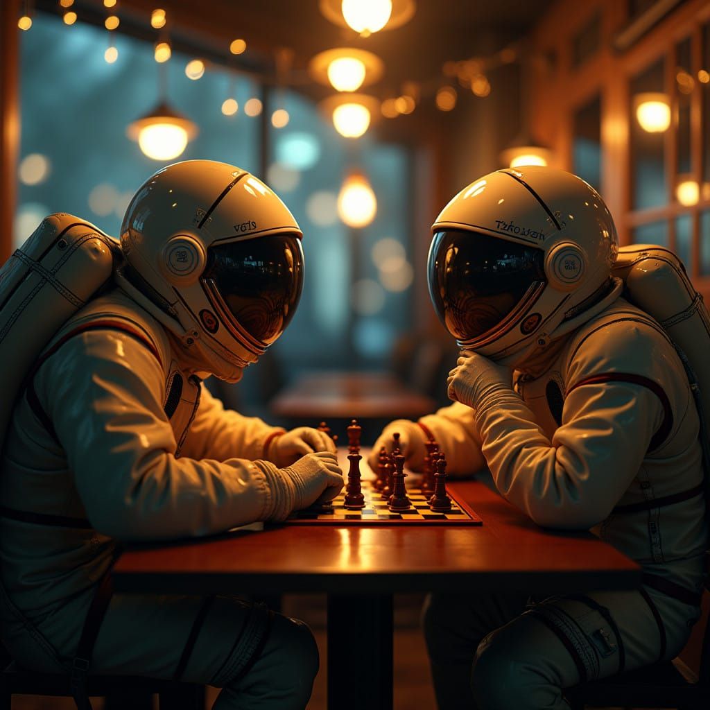 Astronauts in Intimate Chess Match in Lofi New York City Caf...