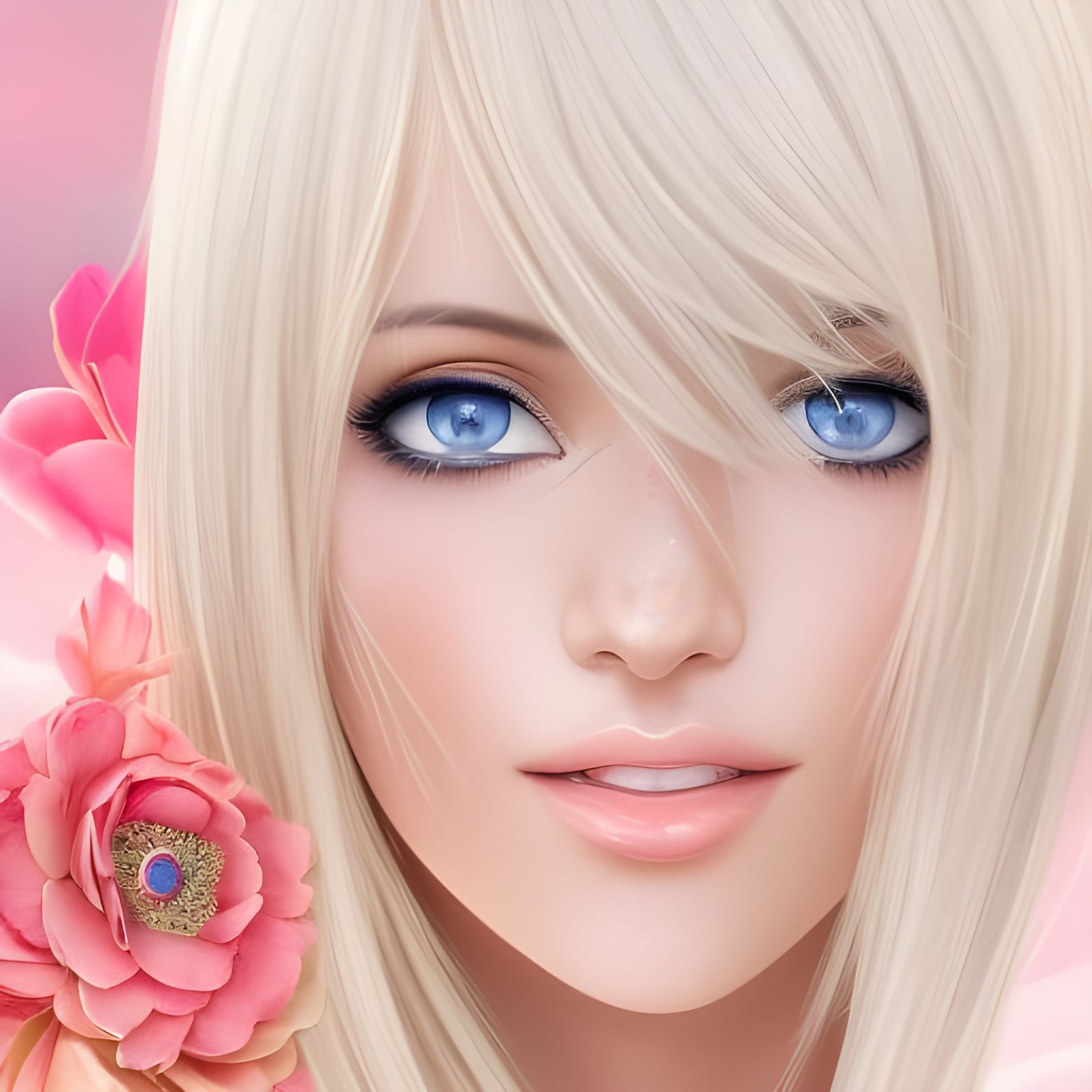 Smiling Anime Lady with Blonde Hair and Blue Eyes