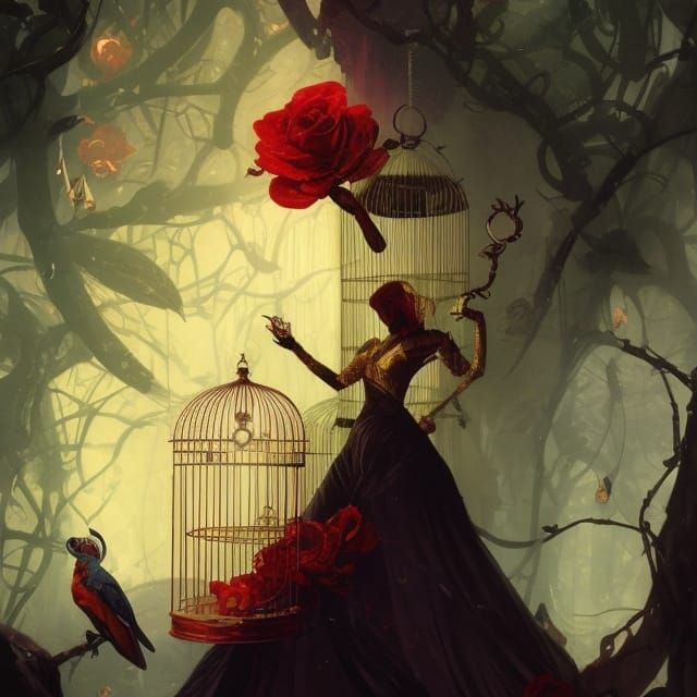 Golden Cage Inside Rose: Dark Fantasy Art