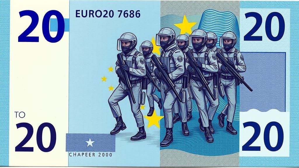 Riot Police on Blue 20 Euro Banknote