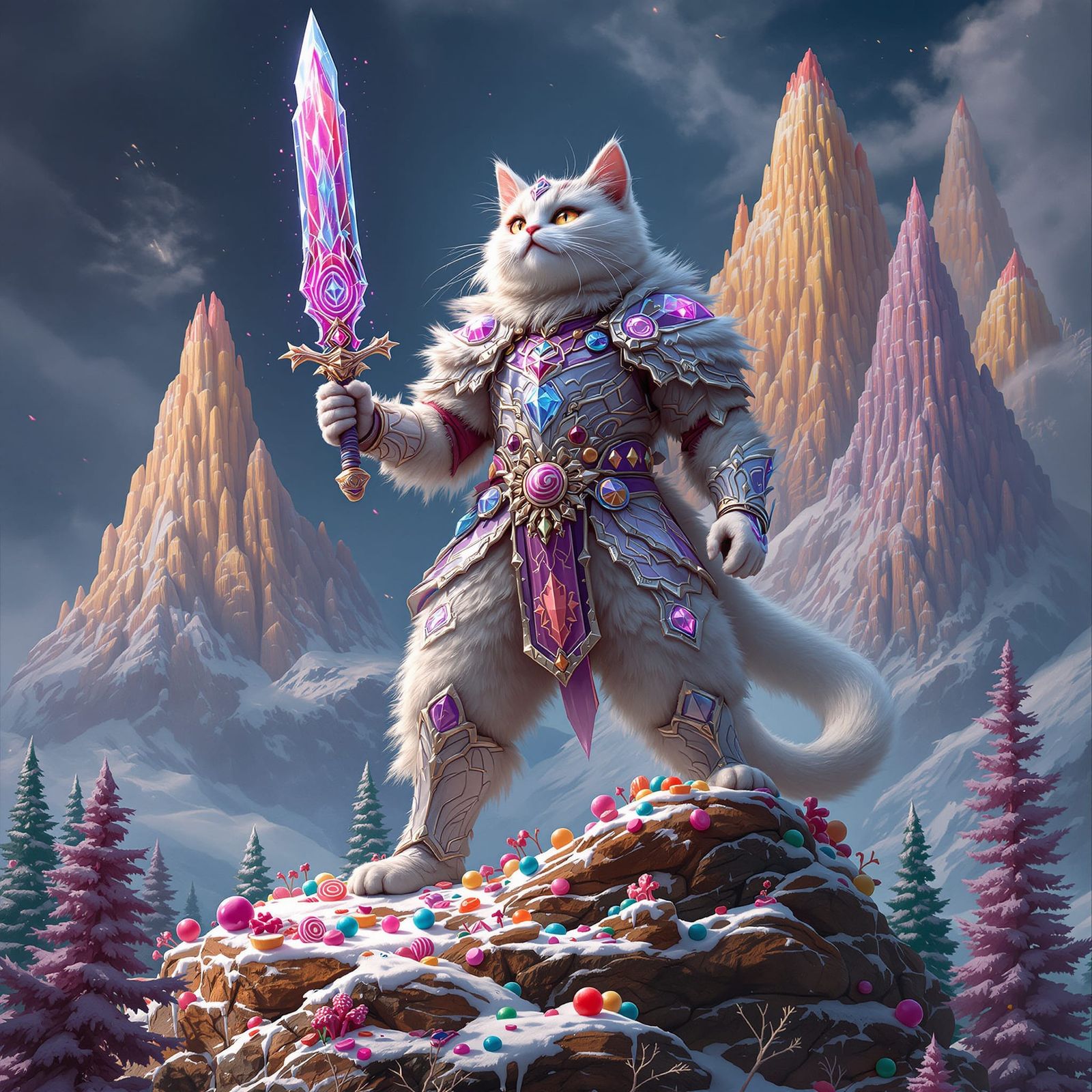 Fluffy Cat Warrior in Sugar Armor with Lollipop Sword