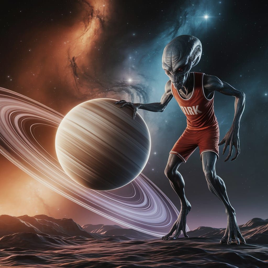 Alien Giant Dribbles Saturn in Cosmic Basketball Game