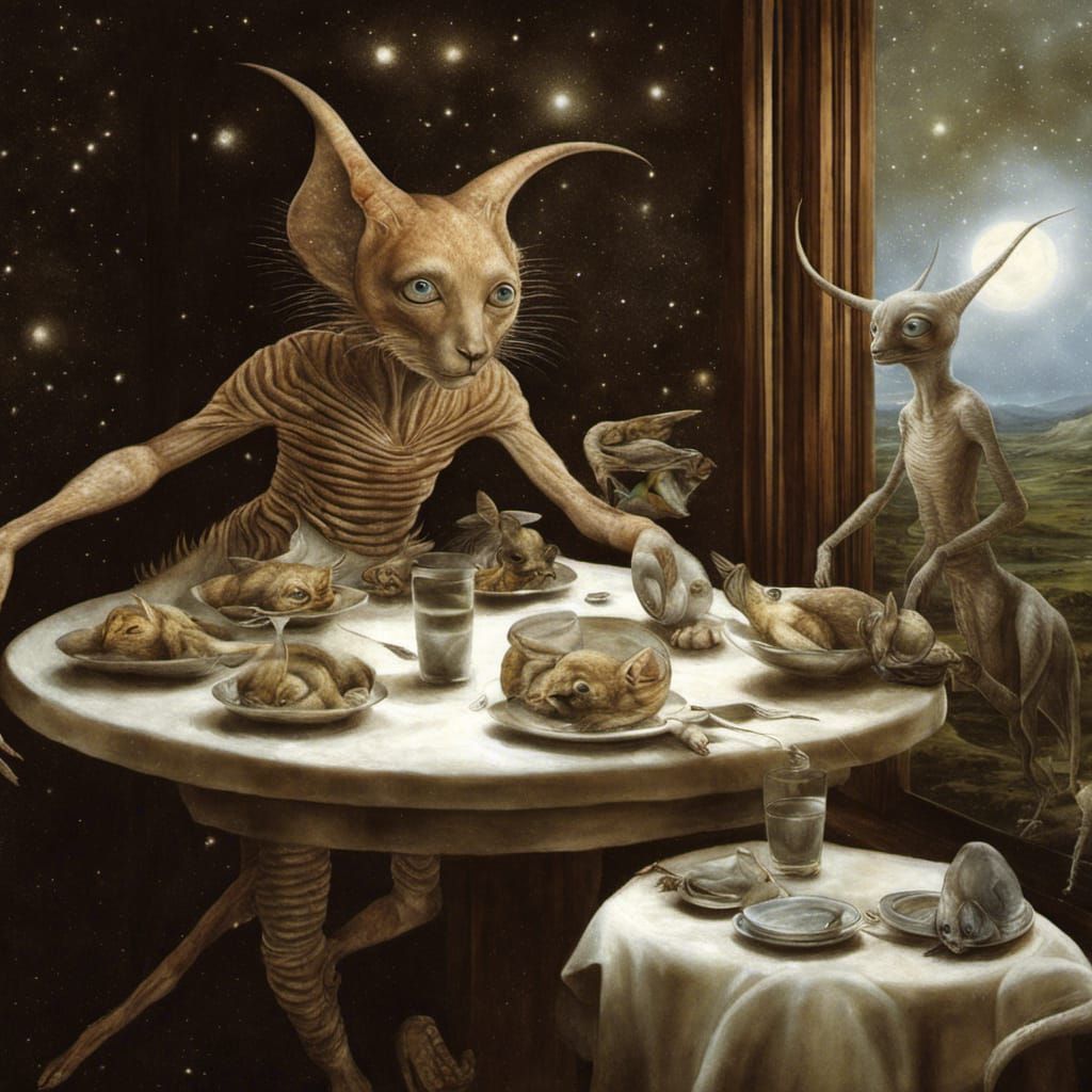 Smiling Alien Pets in a Surreal Landscape