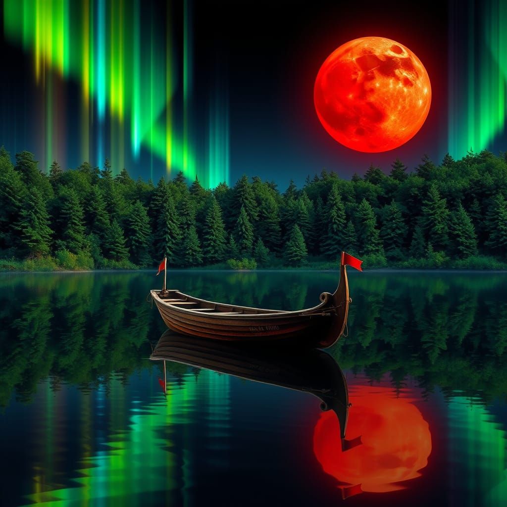 Surreal Wooden Boat Under Aurora Sky