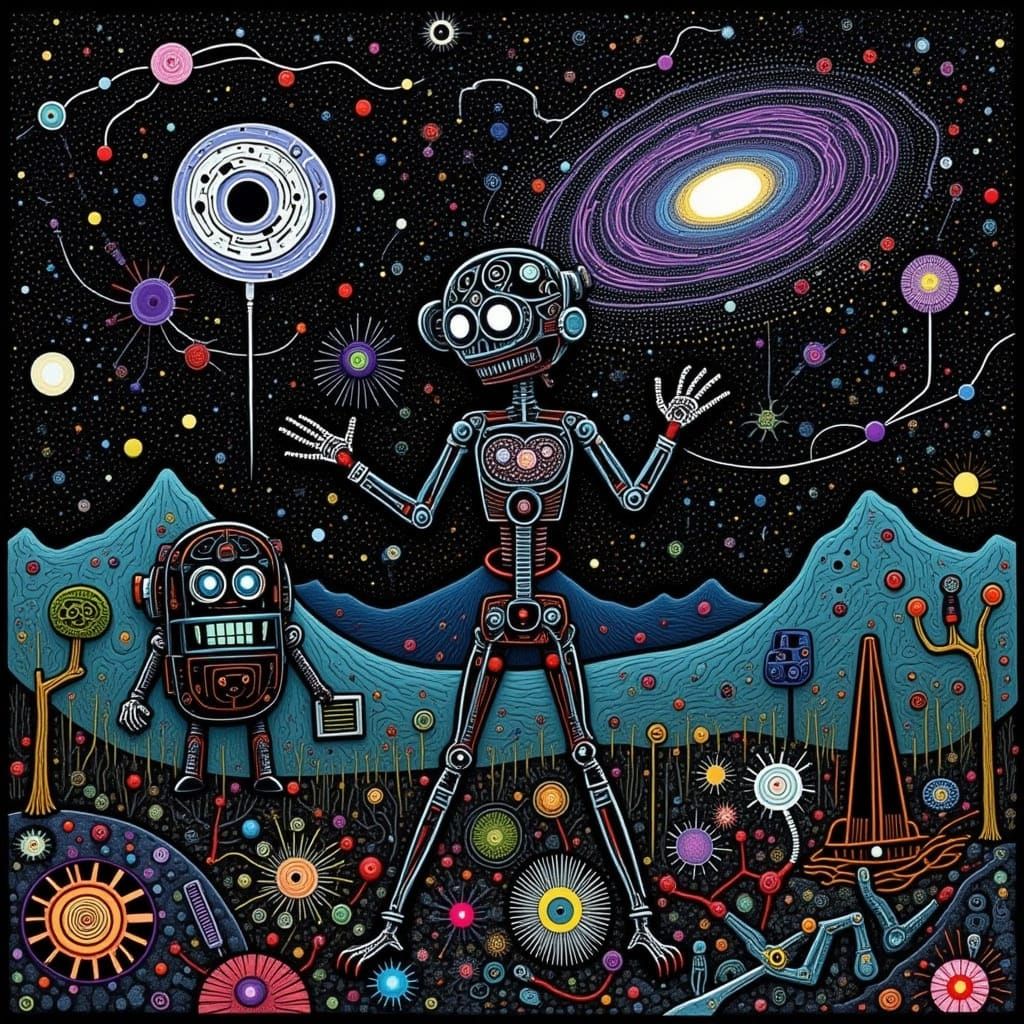 Gothic Sci-Fi Robot in Victorian Attire Amidst a Vibrant Spi...