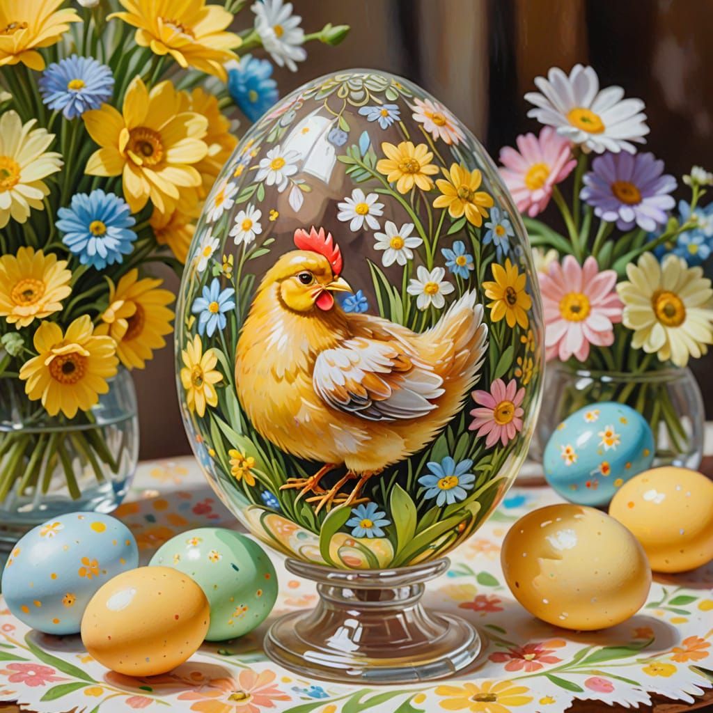Whimsical Easter Egg Painting with Yellow Chicken Inside