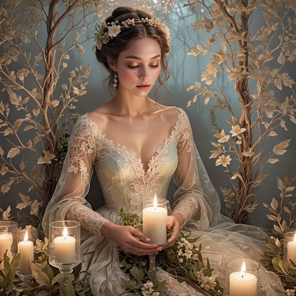 Glass Woman with Flowers in Candlelight