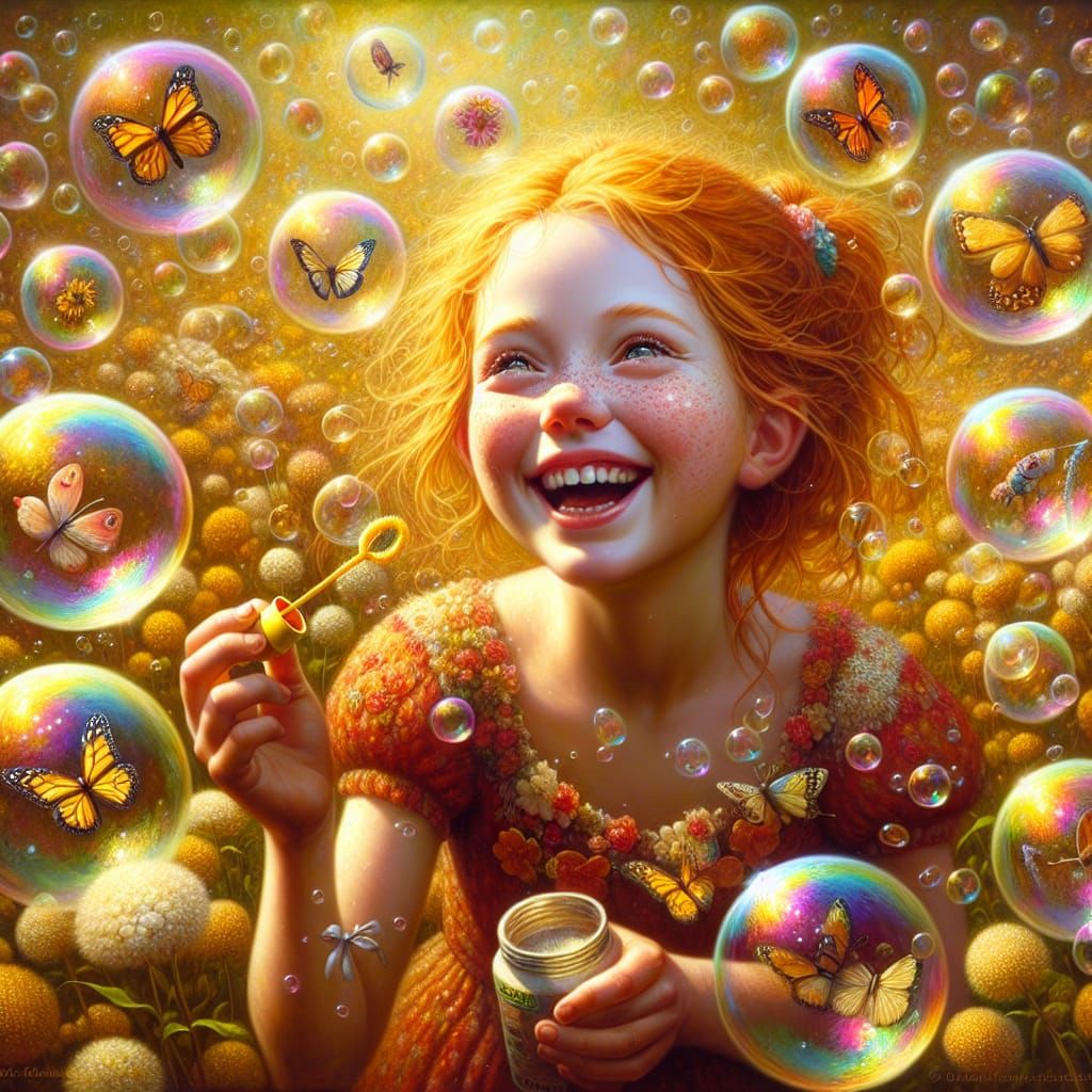 Joyful Girl Blowing Bubbles in Summer Meadow
